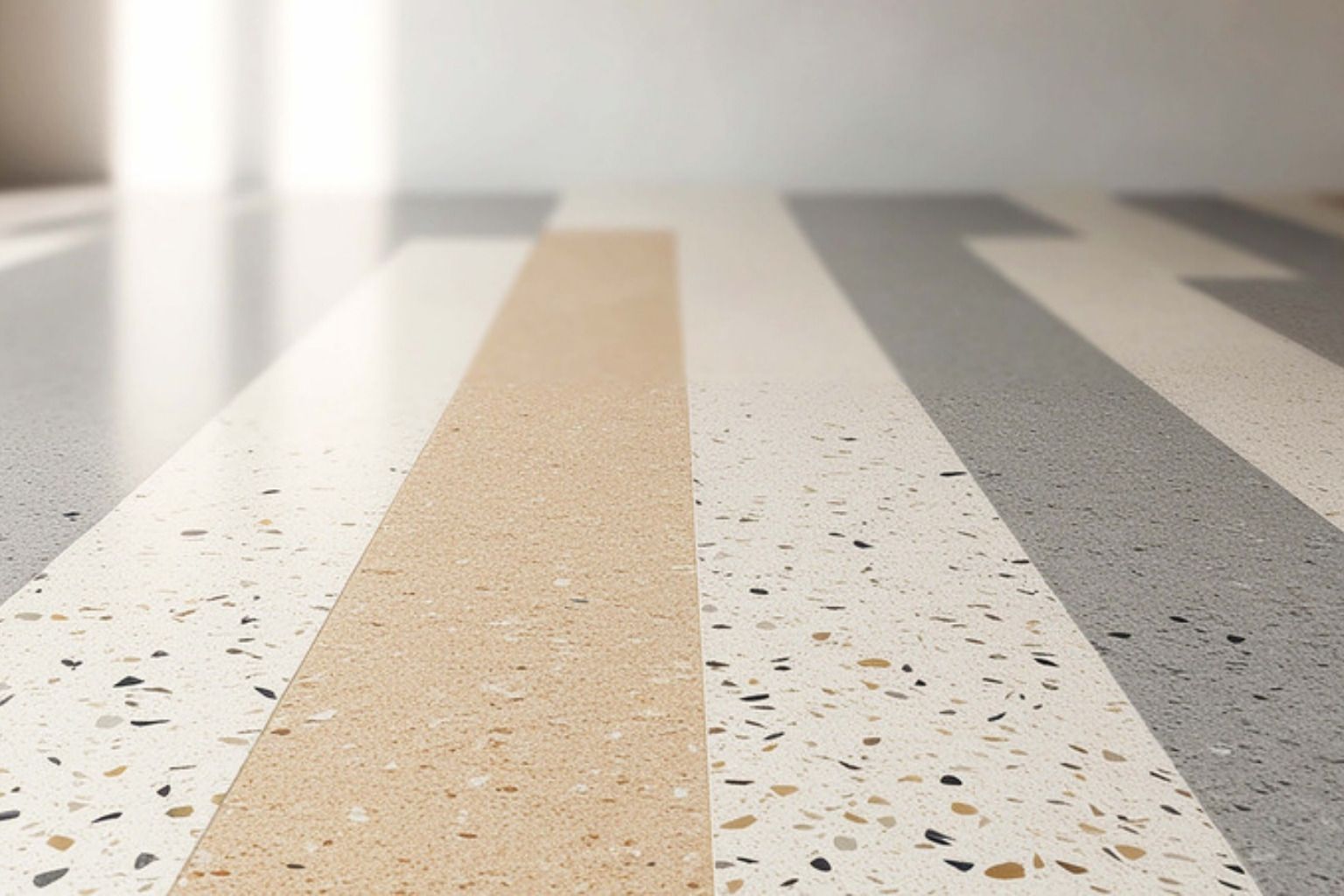 Lyst terrazzogulv med striber i hvid, grå og beige